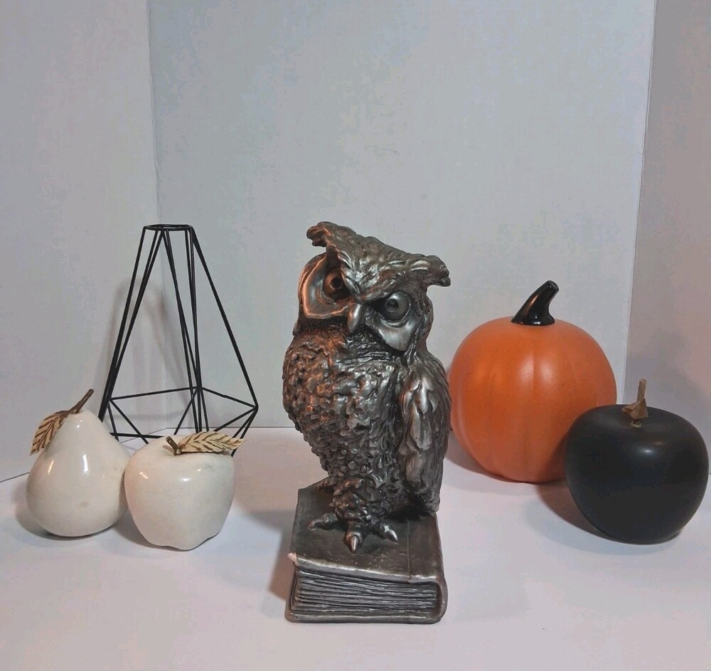 Vintage Resin Owl on Book Figurine Black Silver Tone Gothic Statue Sculpture